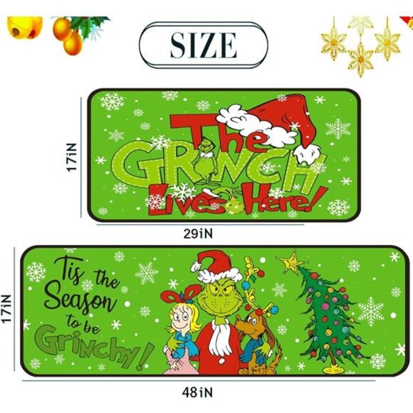 Set of 2 Grinch Christmas Kitchen Mats, Non-Slip Waterproof Rugs, 17x29 & 17x48 - Picture 3 of 7